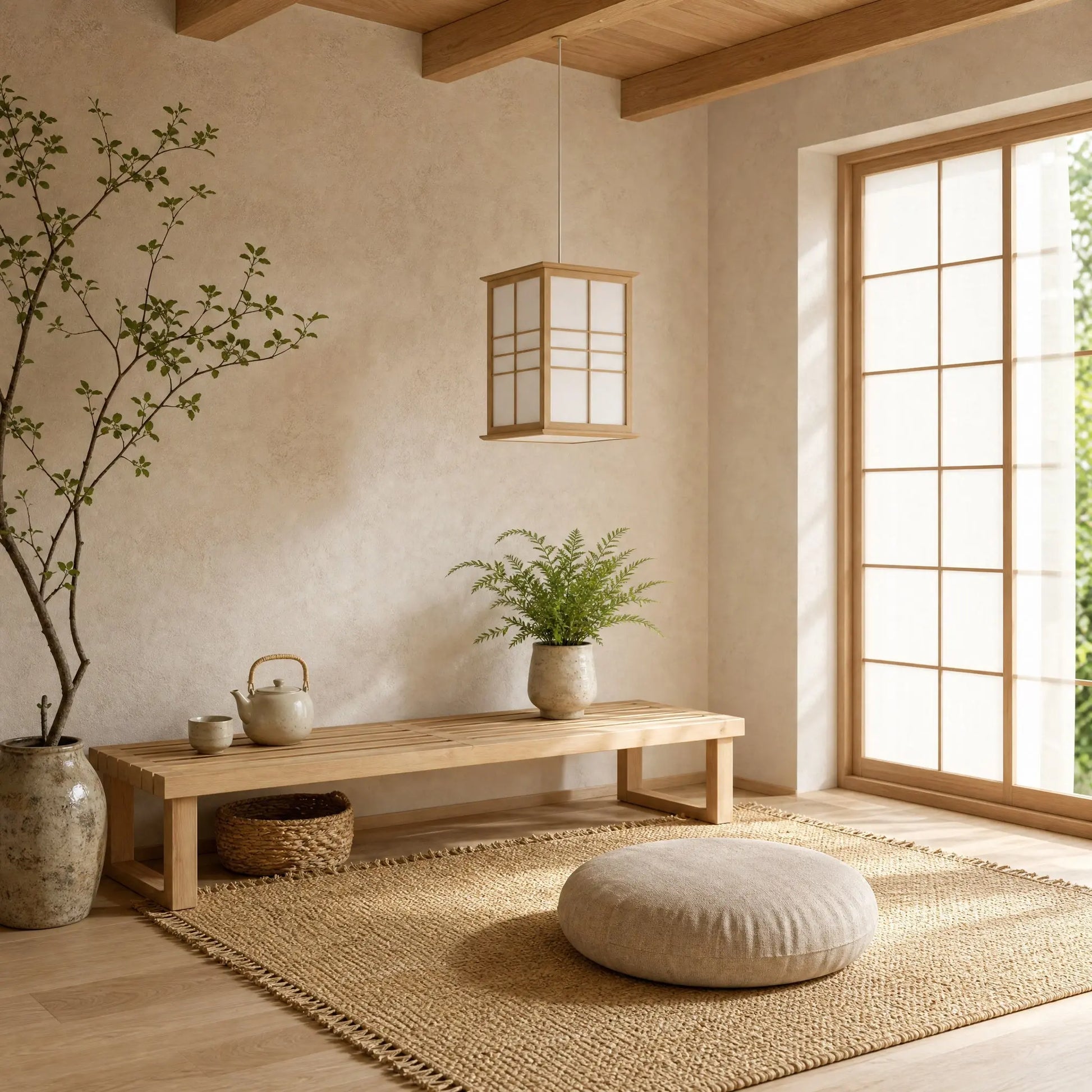 Lanterne japonaise Washiya dans un coin méditation japandi baigné de lumière naturelle | Delvanie