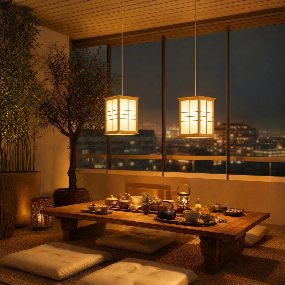Deux lanternes japonaises Washiya alignées au-dessus d'une table basse en loggia le soir | Delvanie