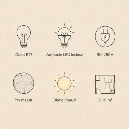 Caractéristiques de la lanterne japonaise Washiya : culot E27, ampoule LED incluse, pin massif, blanc chaud | Delvanie