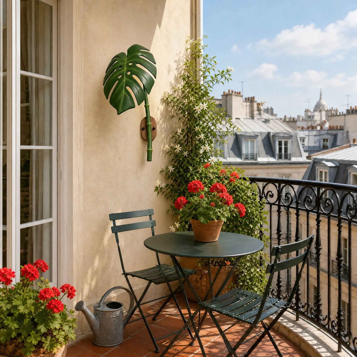 Luminaire mural extérieur feuille de Monstera sur un balcon parisien de jour, table bistrot et géraniums | Delvanie