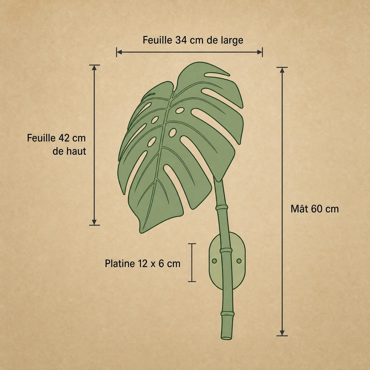 Schéma coté du luminaire extérieur mural Foliane, feuille 34 x 42 cm, tige 60 cm, platine 12 x 6 cm | Delvanie