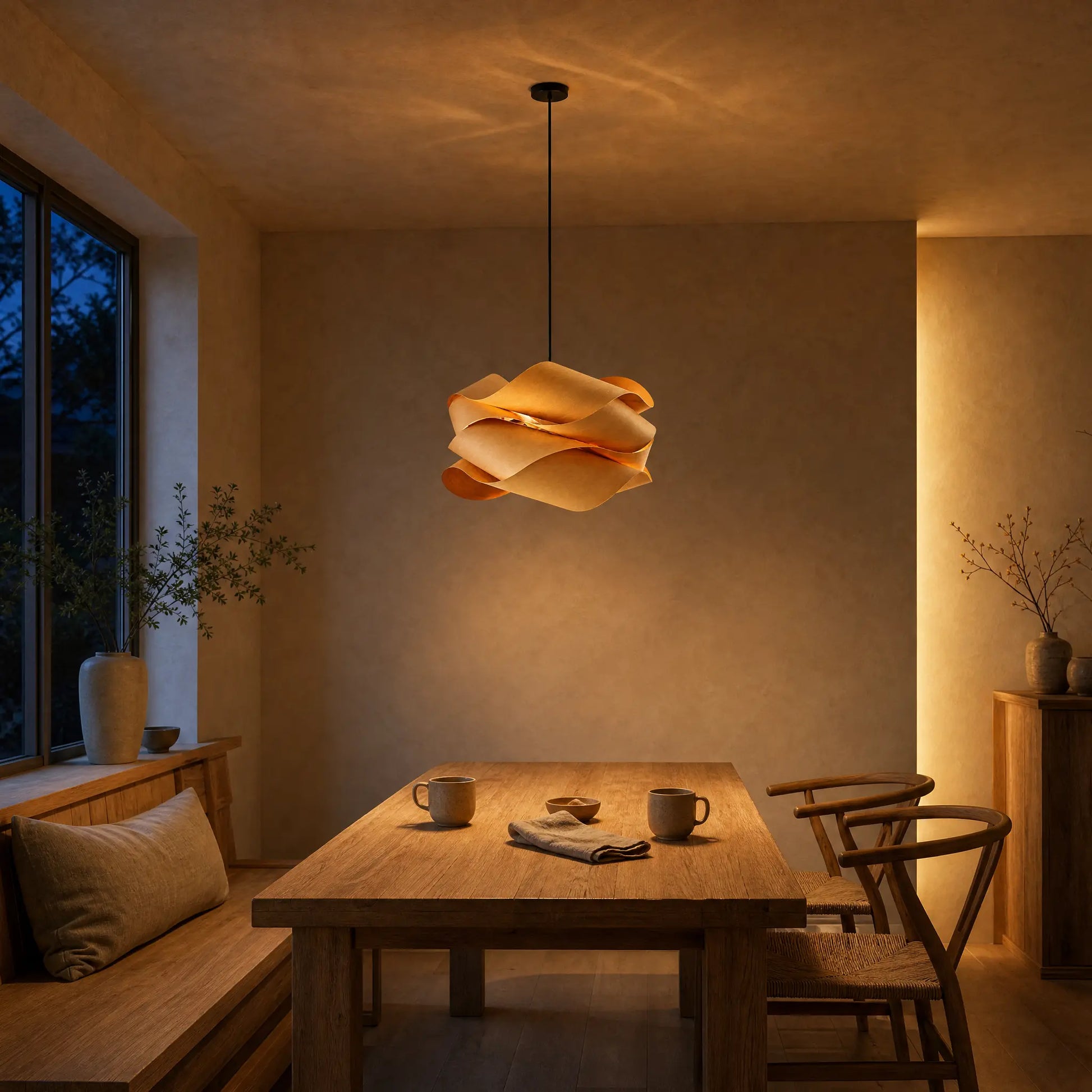 Lustre bois Kumoya allumé au crépuscule, lueur dorée filtrée par le placage | Delvanie