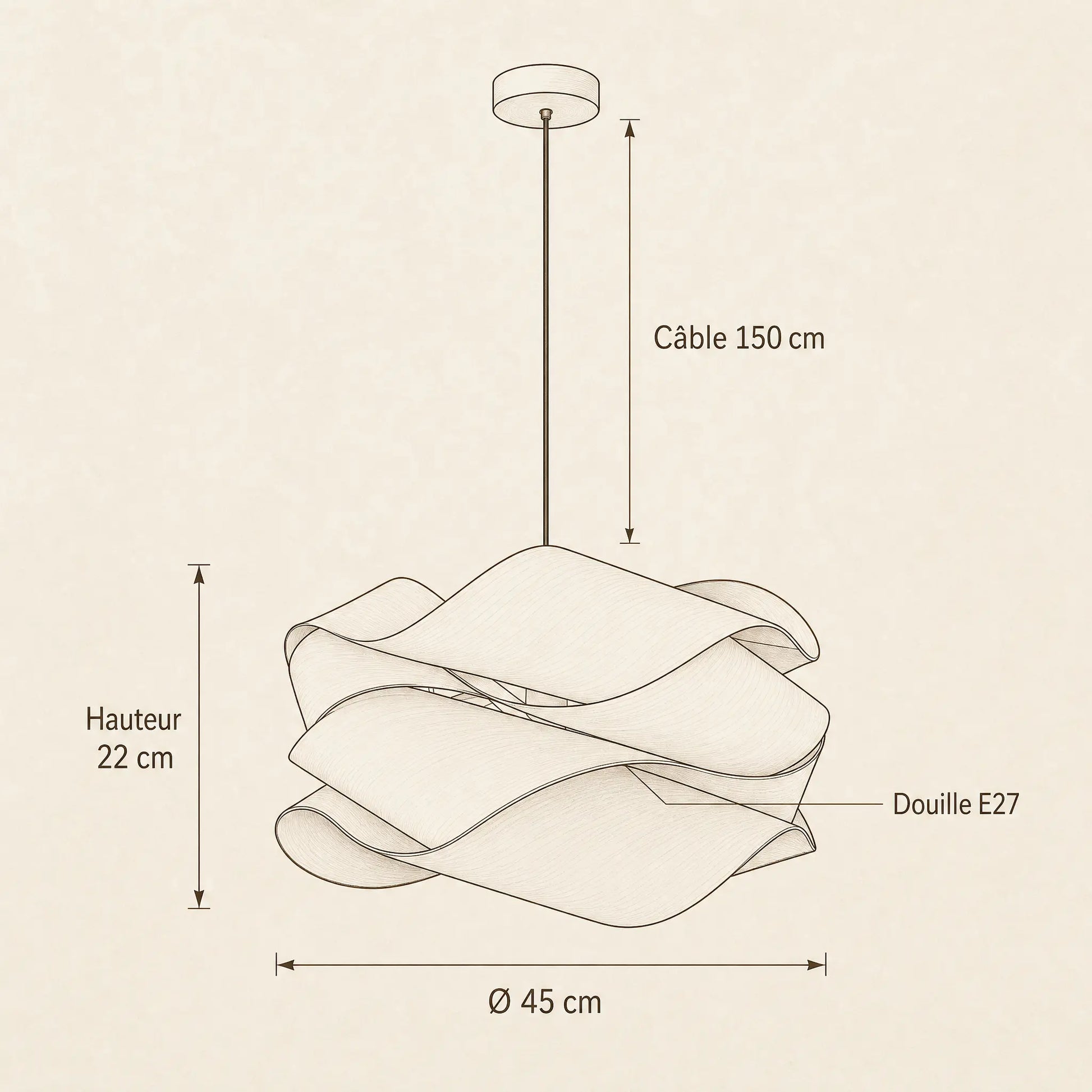 Schéma coté du lustre bois Kumoya : diamètre 45 cm, hauteur 22 cm, câble 150 cm, douille E27 | Delvanie