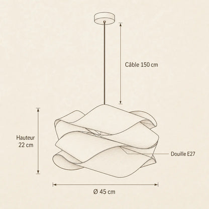 Schéma coté du lustre bois Kumoya : diamètre 45 cm, hauteur 22 cm, câble 150 cm, douille E27 | Delvanie