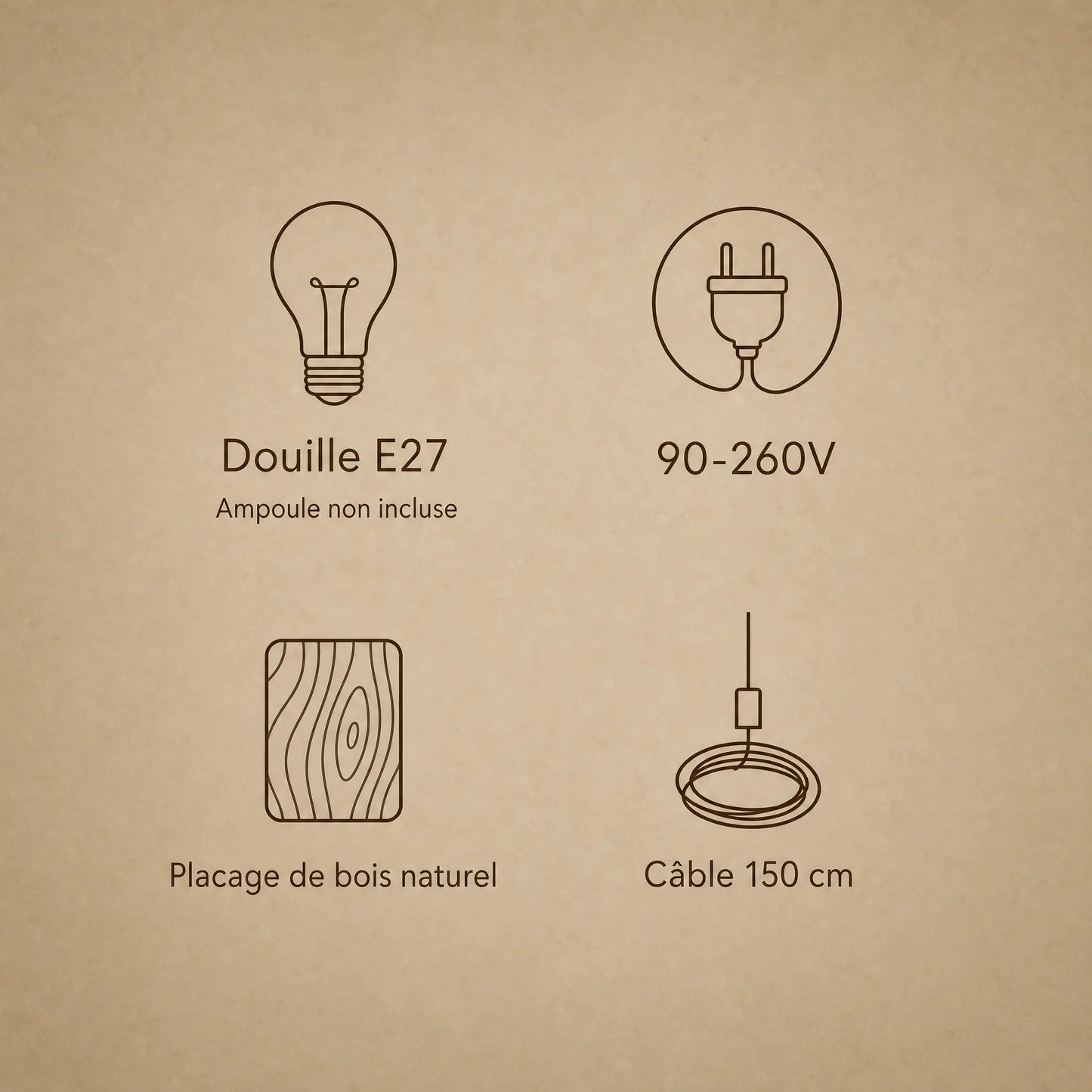 Caractéristiques du lustre bois Kumoya : douille E27, 90-260V, placage de bois naturel, câble 150 cm | Delvanie