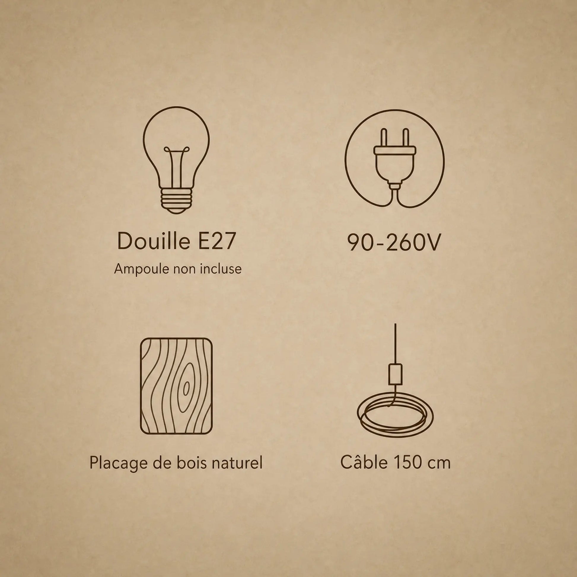 Caractéristiques du lustre bois Kumoya : douille E27, 90-260V, placage de bois naturel, câble 150 cm | Delvanie