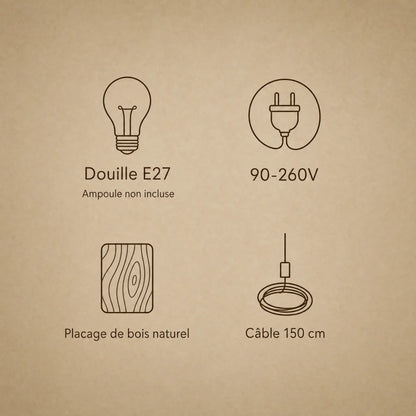 Caractéristiques du lustre bois Kumoya : douille E27, 90-260V, placage de bois naturel, câble 150 cm | Delvanie