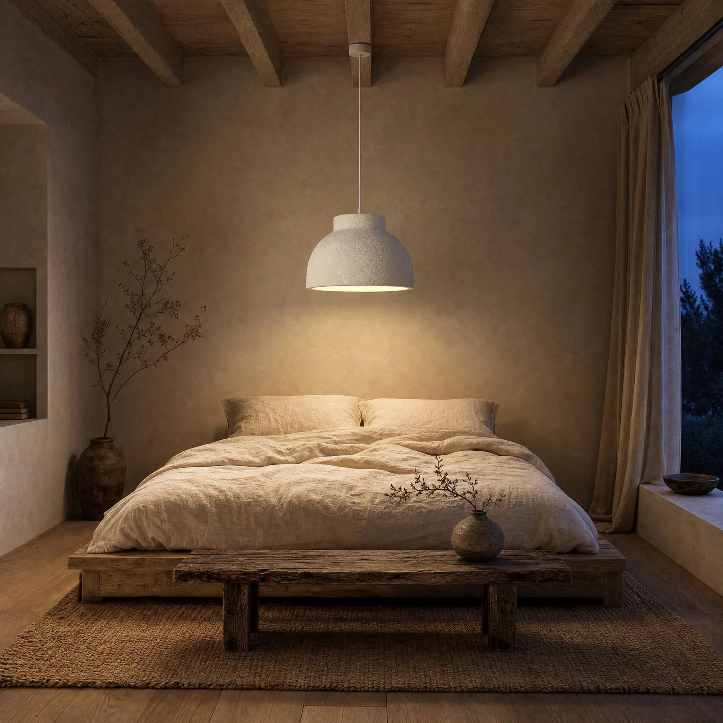Lustre Nivoya allumé au-dessus du lit dans une chambre wabi-sabi au crépuscule | Delvanie