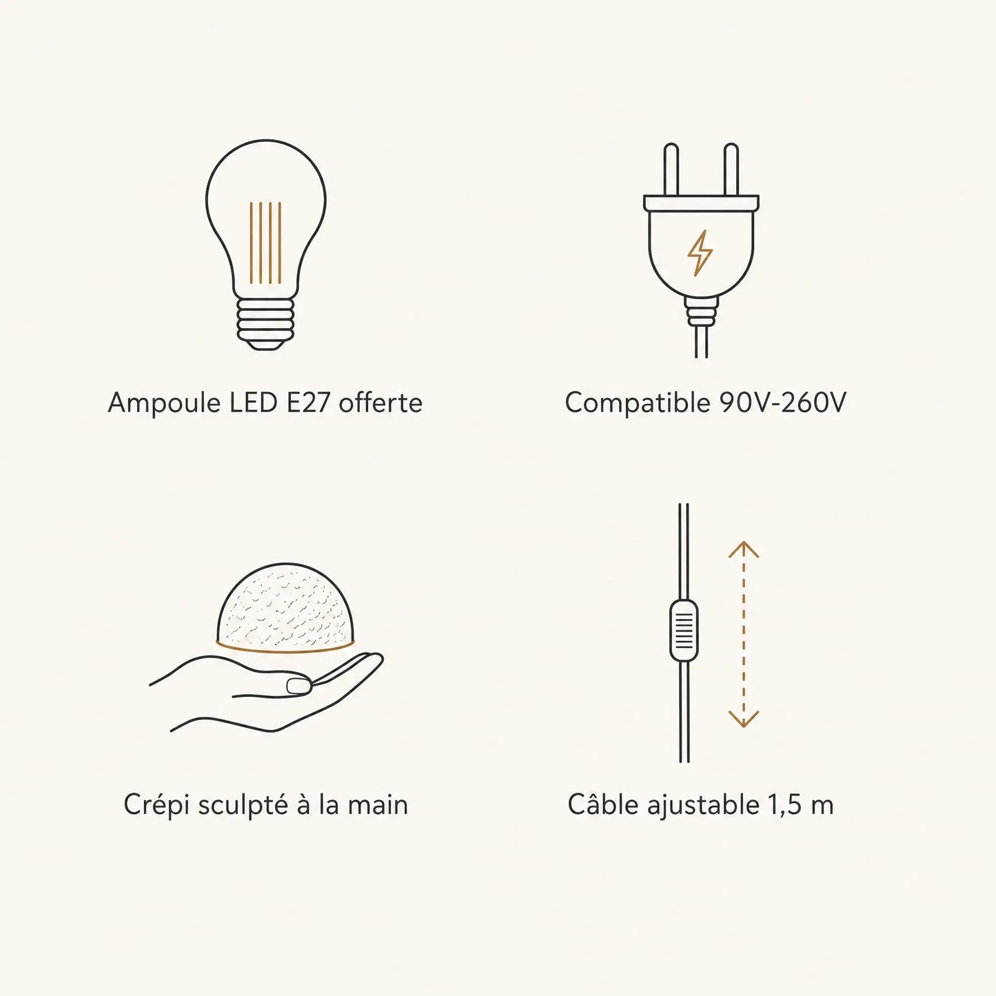 Caractéristiques du lustre Nivoya : ampoule LED E27 offerte, 90V-260V, crépi sculpté main, câble ajustable | Delvanie