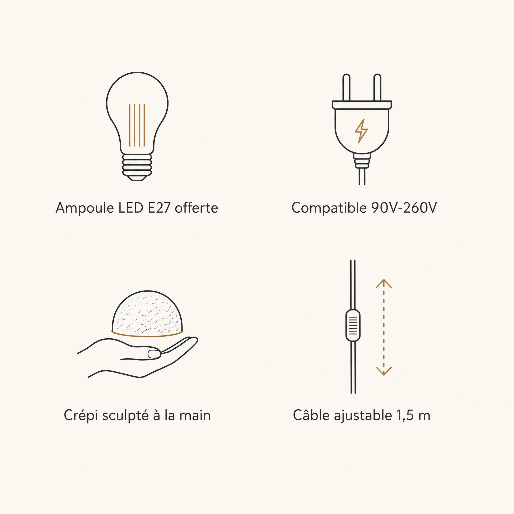 Caractéristiques du lustre Nivoya : ampoule LED E27 offerte, 90V-260V, crépi sculpté main, câble ajustable | Delvanie