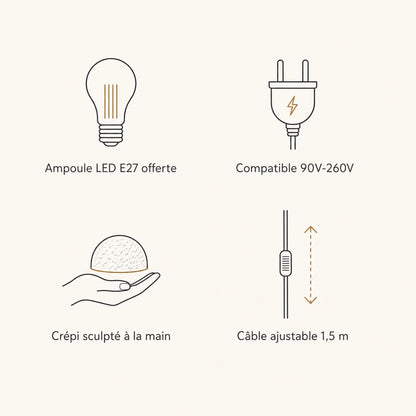 Caractéristiques du lustre Nivoya : ampoule LED E27 offerte, 90V-260V, crépi sculpté main, câble ajustable | Delvanie