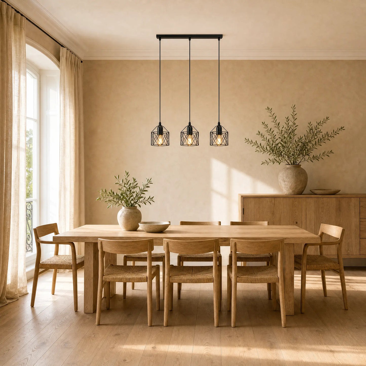 Lustre cuisine Feroya au-dessus d'une table de salle à manger baignée de lumière | Delvanie