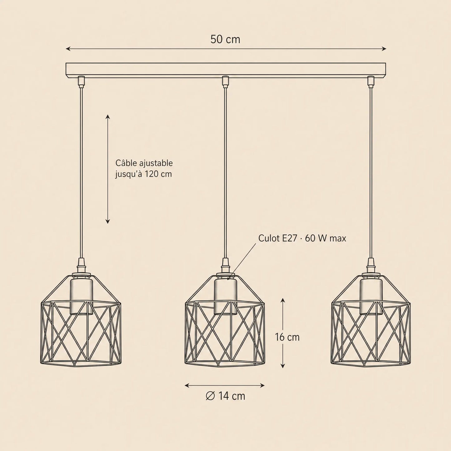 Schéma coté du lustre Feroya, barre 50 cm, cages Ø 14 cm, hauteur 16 cm, câble 120 cm | Delvanie