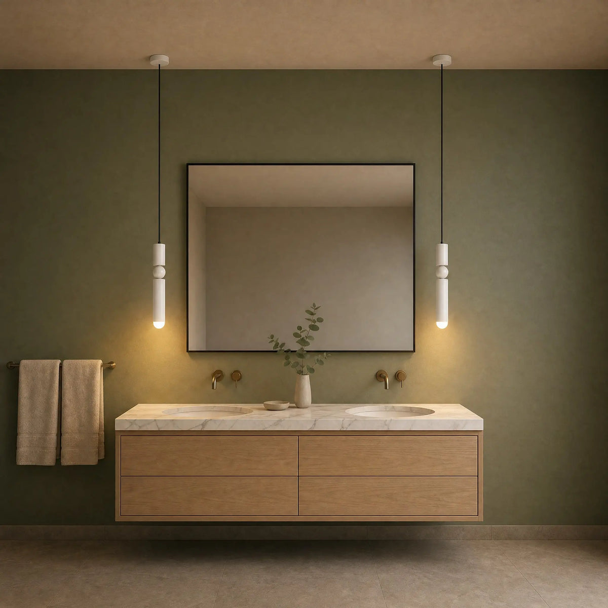 Deux lustres modernes Sumiro blanc mat de part et d'autre d'un miroir de salle de bain