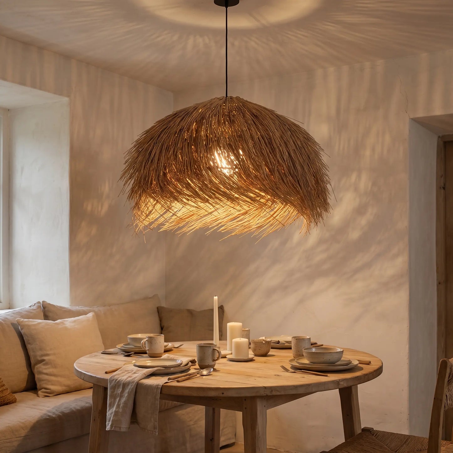 Lustre rotin wabi-sabi Wabéa, ambiance du soir salle à manger