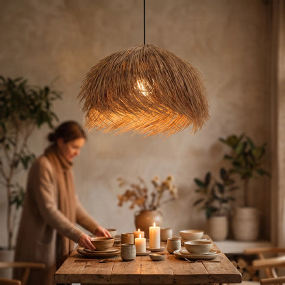 Lustre rotin wabi-sabi Wabéa, scène salle à manger