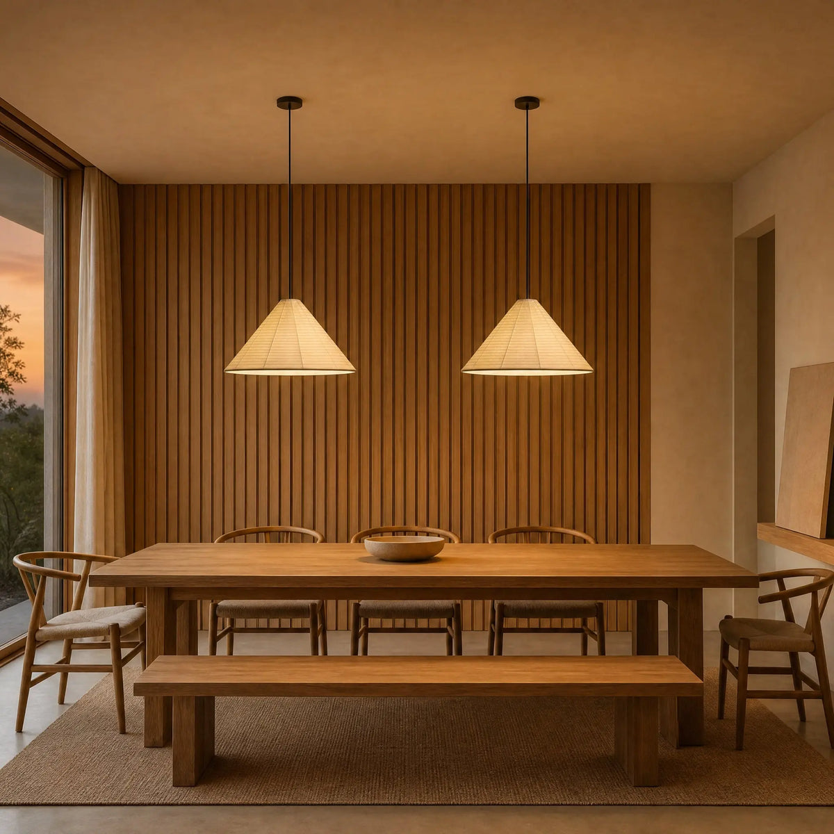 Duo de lustres papier de riz au-dessus d'une table, mur en bois clair | Delvanie