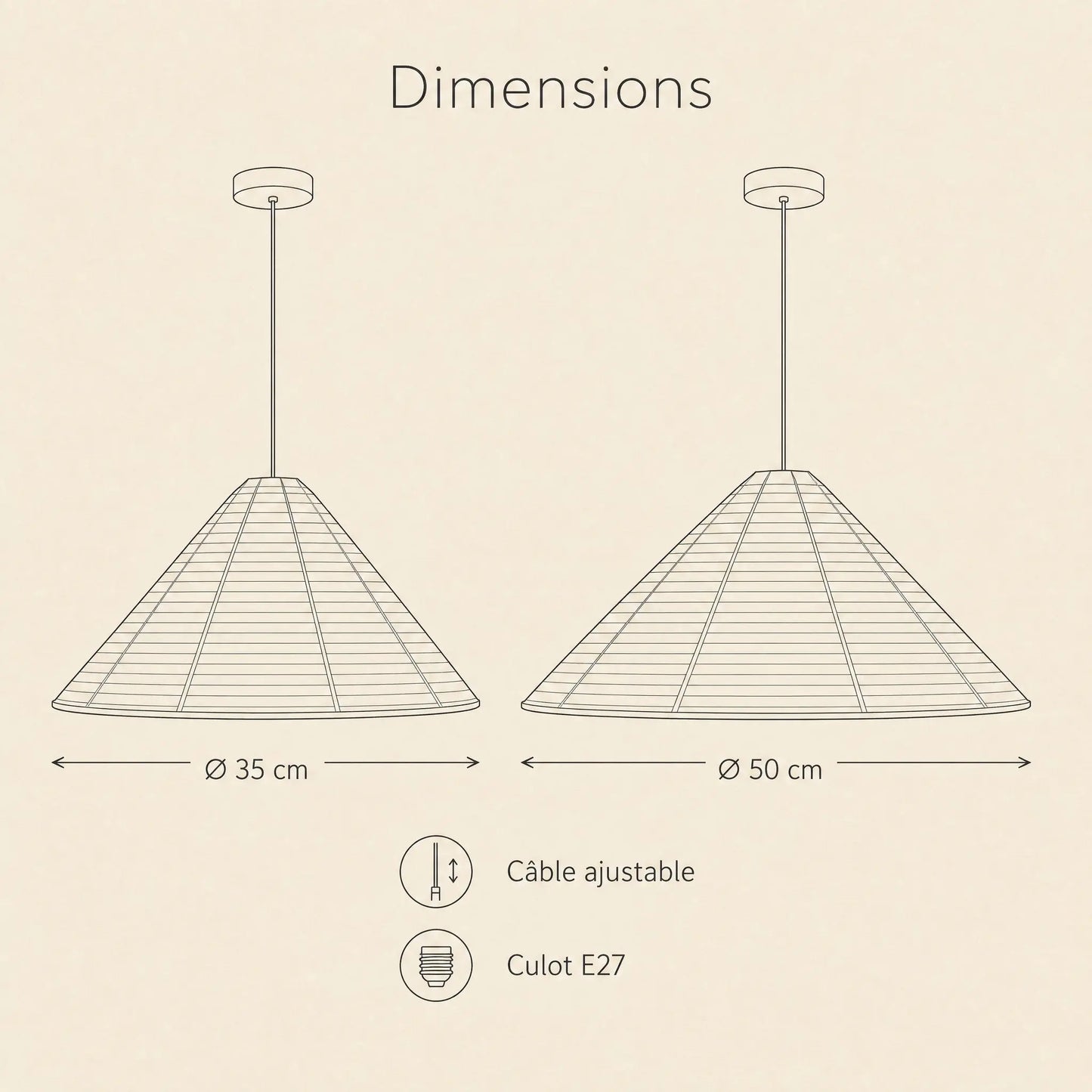 Dimensions du lustre papier de riz, O 35 et O 50 cm, culot E27 | Delvanie