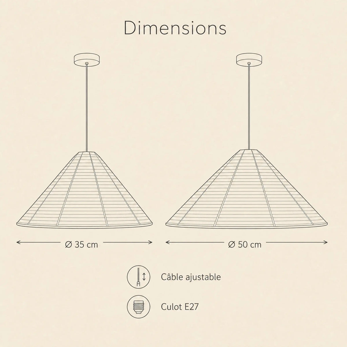 Dimensions du lustre papier de riz, O 35 et O 50 cm, culot E27 | Delvanie