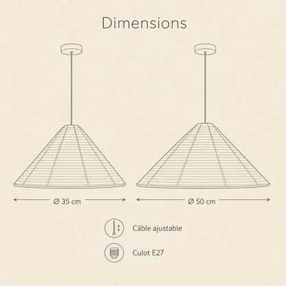 Dimensions du lustre papier de riz, O 35 et O 50 cm, culot E27 | Delvanie