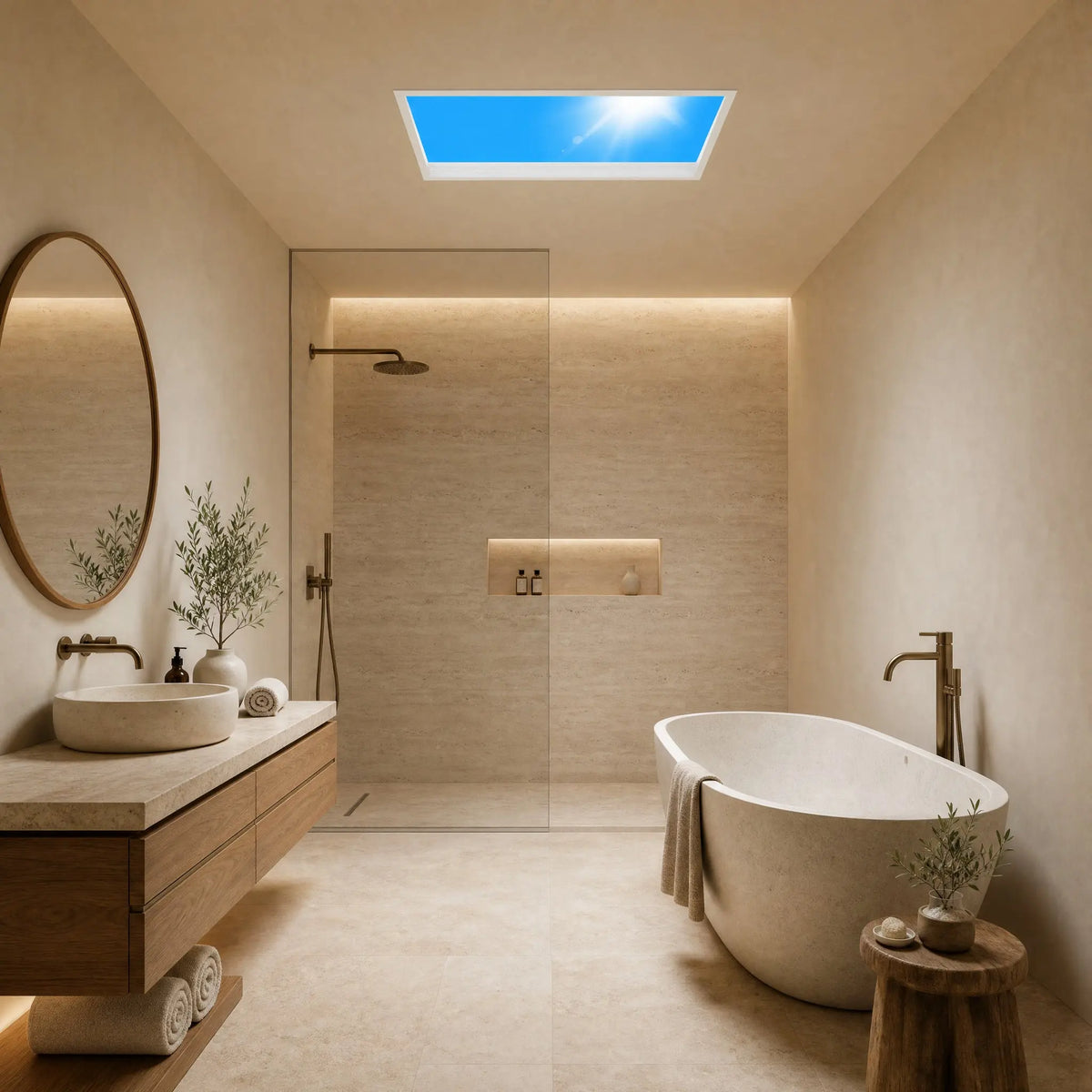 Panneau ciel bleu Oculéa encastré au plafond d'une salle de bain spa | Delvanie