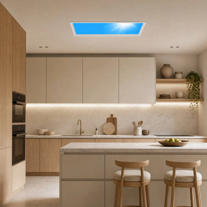 Panneau LED effet ciel bleu Oculéa au plafond d'une cuisine contemporaine | Delvanie