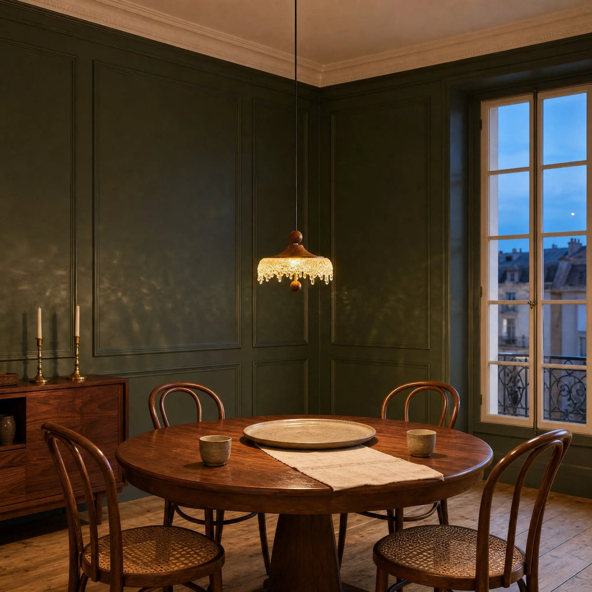 Petite suspension Aubine allumée au-dessus d'une table ronde en noyer, salle à manger à lambris vert