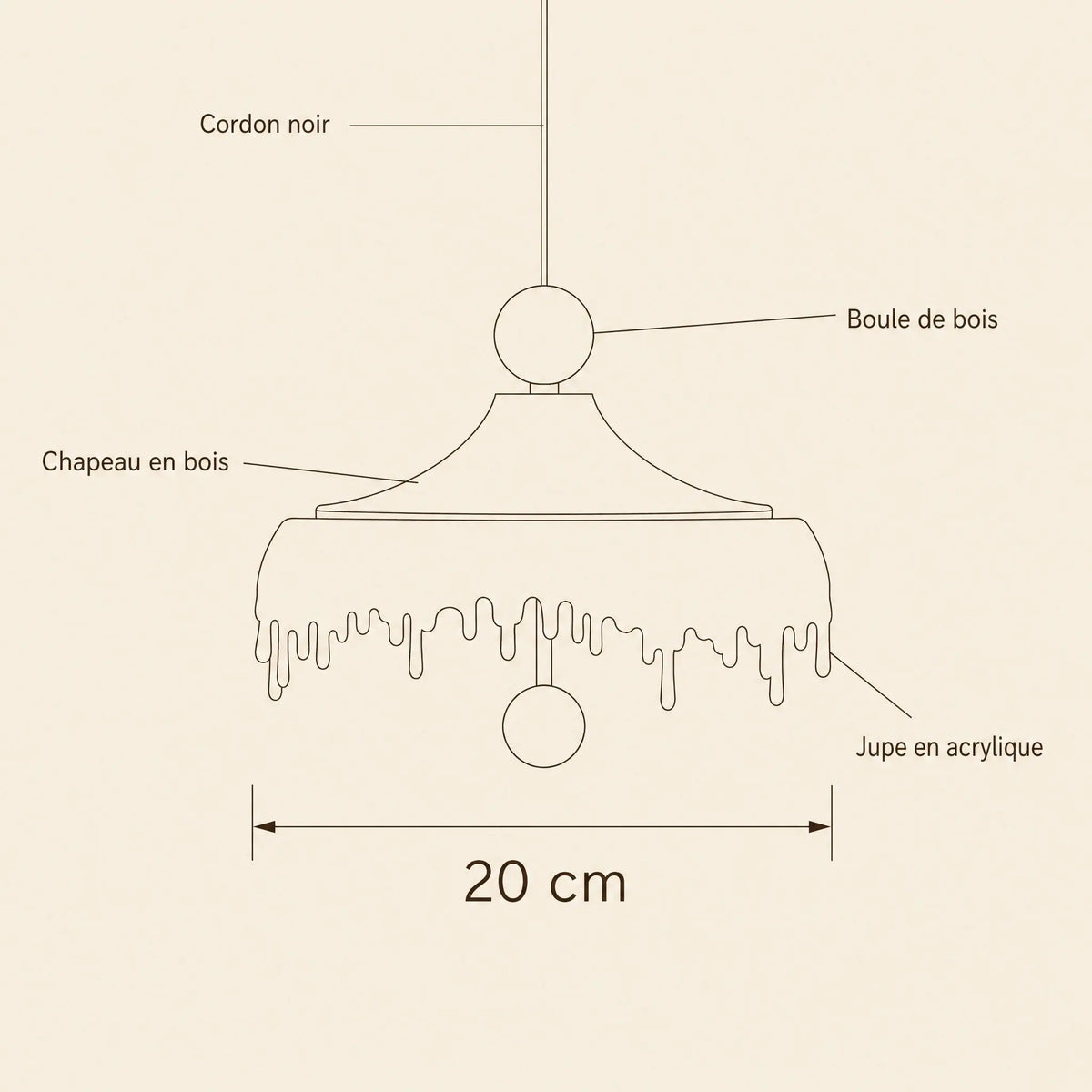 Schéma coté de la petite suspension Aubine, 20 cm de diamètre