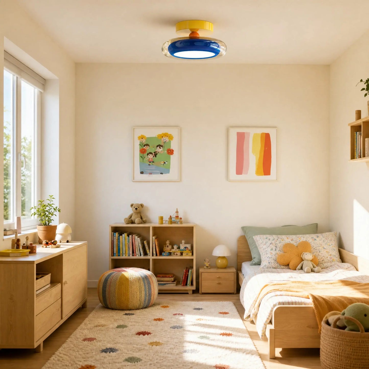 Plafonnier bleu Prismya dans une chambre d'enfant lumineuse | Delvanie
