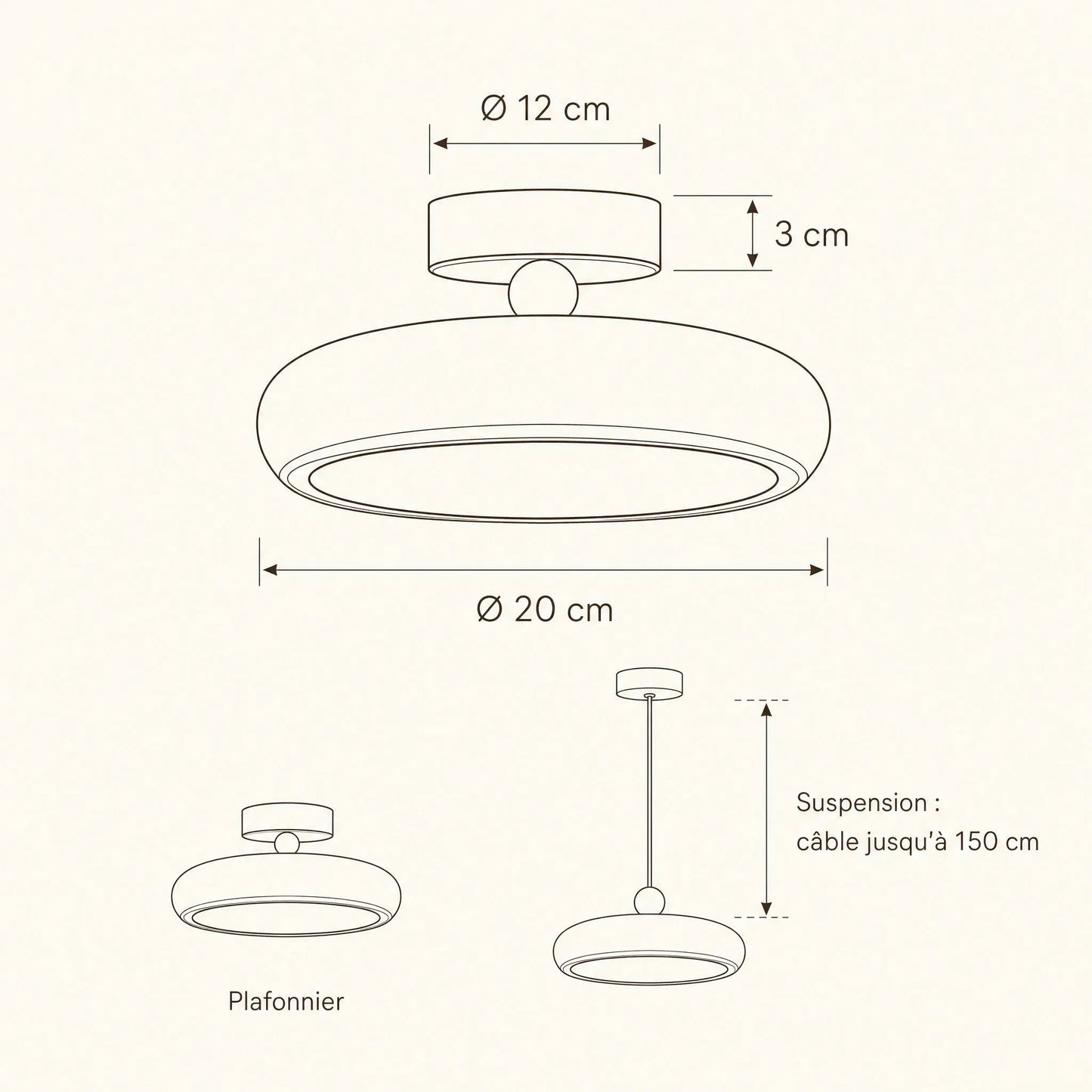 Dimensions du plafonnier Prismya, Ø 20 cm, plafonnier ou suspension | Delvanie