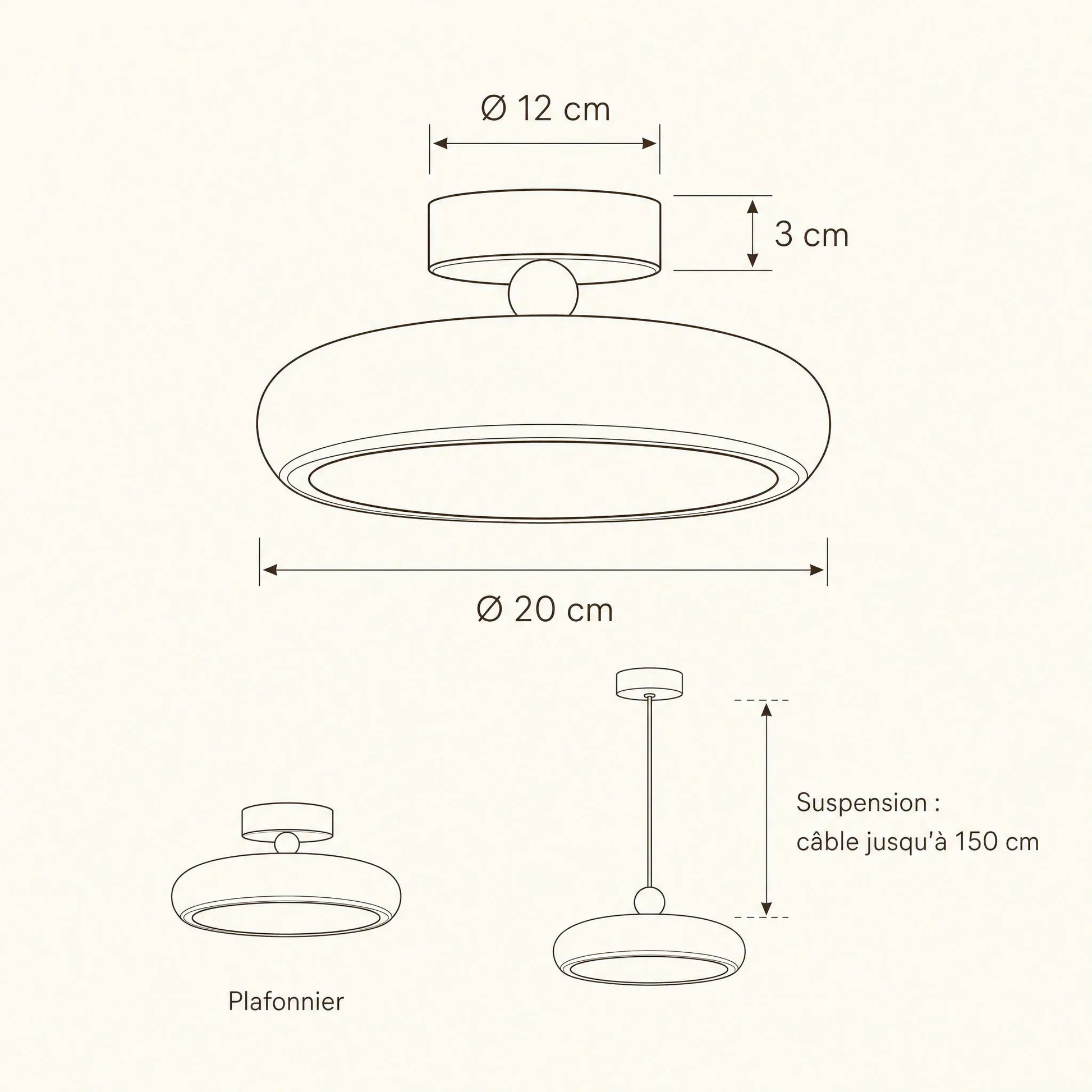 Dimensions du plafonnier Prismya, Ø 20 cm, plafonnier ou suspension | Delvanie