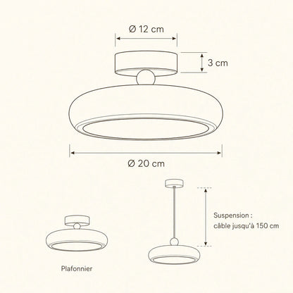 Dimensions du plafonnier Prismya, Ø 20 cm, plafonnier ou suspension | Delvanie