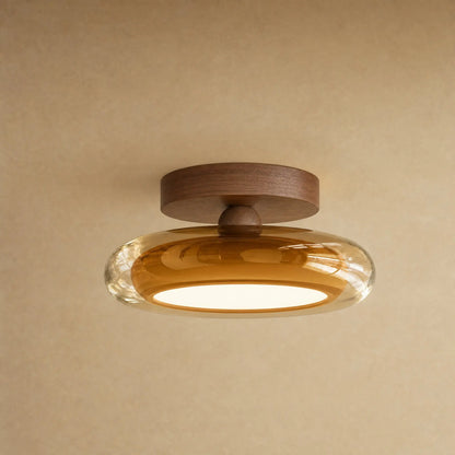 Plafonnier en verre ambré et platine effet noyer, galet Prismya | Delvanie