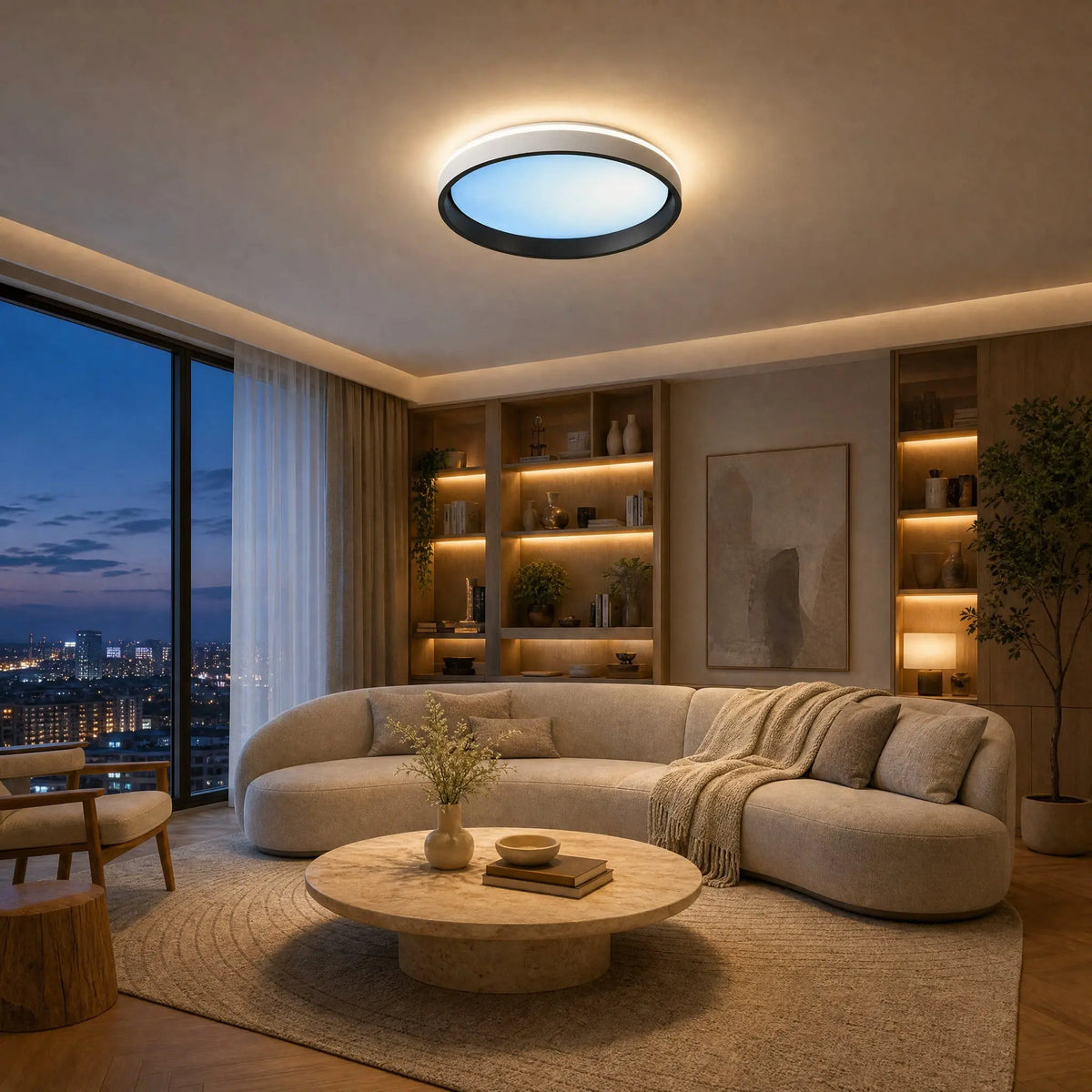 Plafonnier design Azuléa allumé en mode ciel bleu dans un salon contemporain | Delvanie