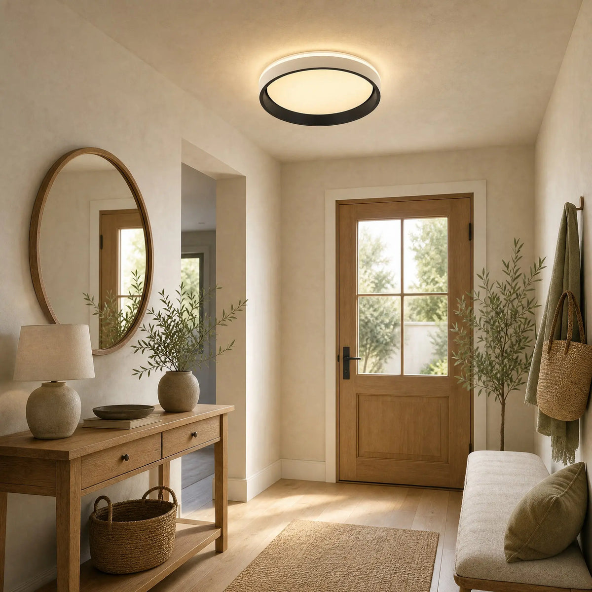 Plafonnier design Azuléa en blanc chaud dans une entrée lumineuse | Delvanie