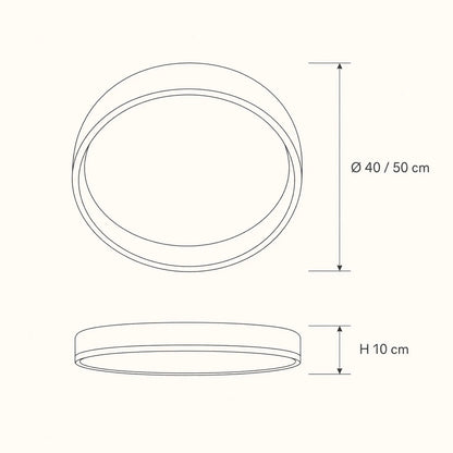 Schéma des dimensions du plafonnier Azuléa, Ø 40 et 50 cm, hauteur 10 cm | Delvanie
