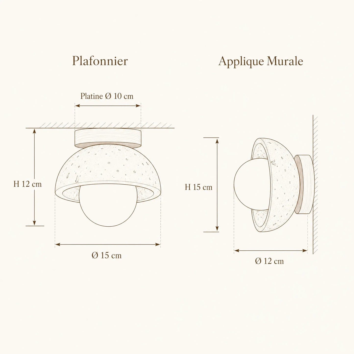 Schéma coté du luminaire Iwaléa : plafonnier Ø 15 cm H 12 cm, applique murale Ø 12 cm H 15 cm | Delvanie