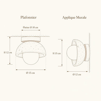 Schéma coté du luminaire Iwaléa : plafonnier Ø 15 cm H 12 cm, applique murale Ø 12 cm H 15 cm | Delvanie