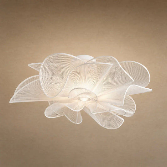 Plafonnier fleur blanc Blomyn, corolle de pétales ajourés en fils de PVC, Ø 72 cm | Delvanie
