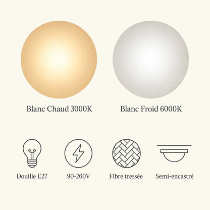 Températures de lumière blanc chaud 3000K et blanc froid 6000K du plafonnier rotin | Delvanie