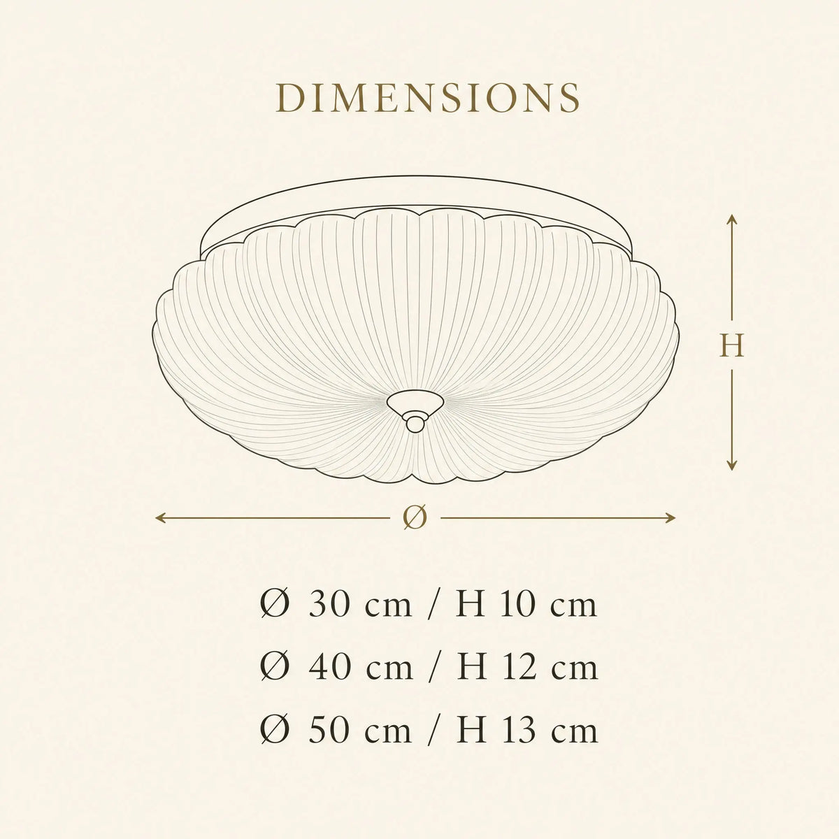 Schéma des dimensions du plafonnier Kryséa : Ø 30, 40 et 50 cm | Delvanie