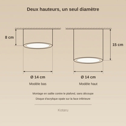 Schéma coté du plafonnier spot, Ø 14 cm, hauteur 8 ou 15 cm