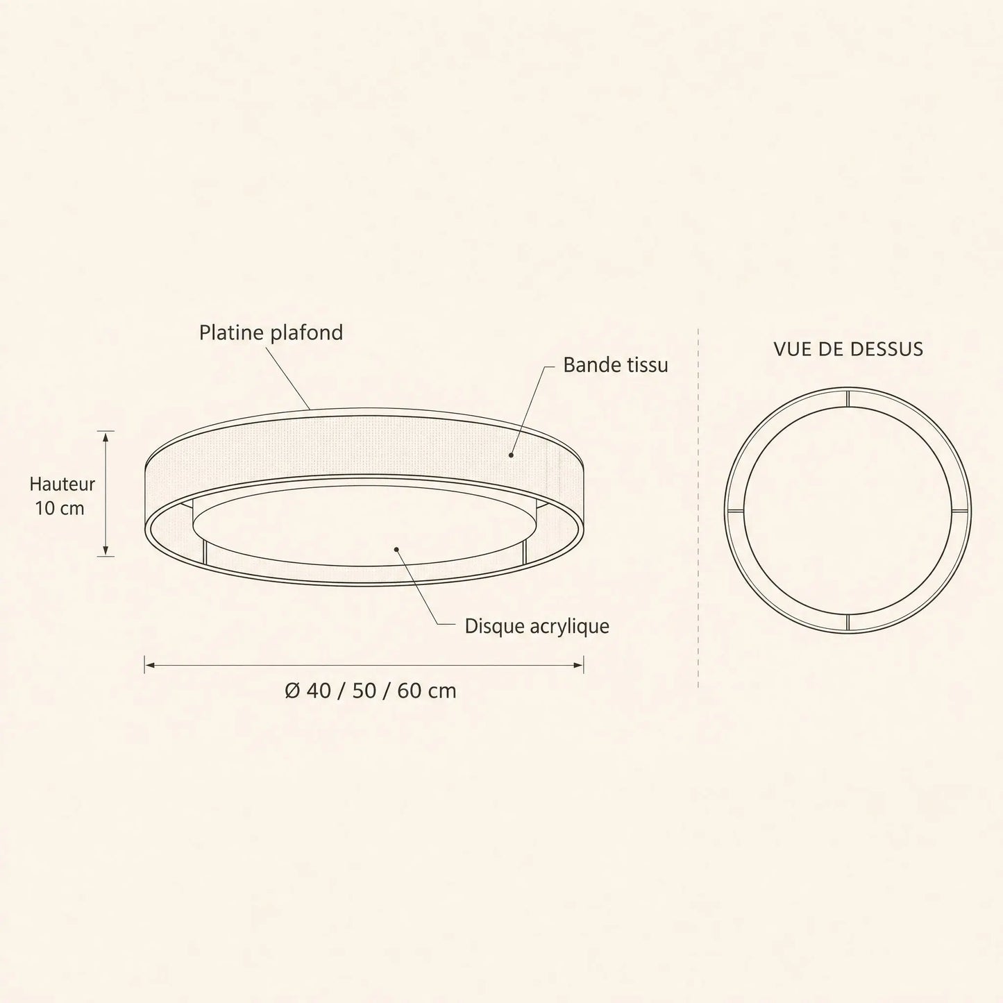 Schéma coté du plafonnier tissu Doucéa, Ø 40 50 60 cm, hauteur 10 cm | Delvanie