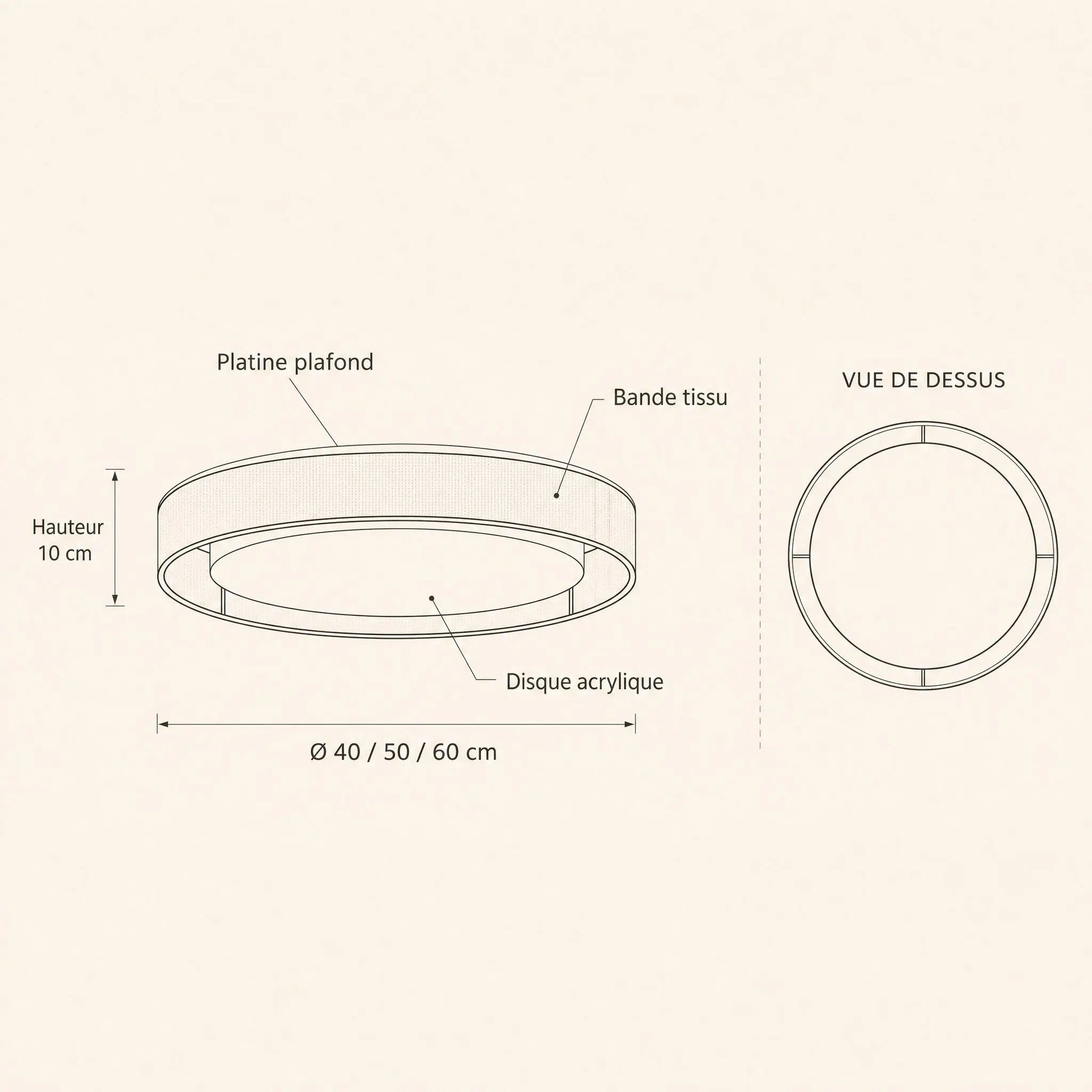 Schéma coté du plafonnier tissu Doucéa, Ø 40 50 60 cm, hauteur 10 cm | Delvanie