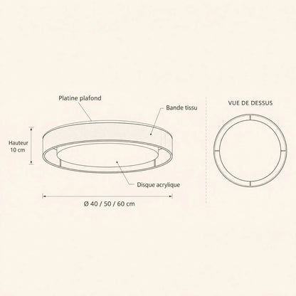 Schéma coté du plafonnier tissu Doucéa, Ø 40 50 60 cm, hauteur 10 cm | Delvanie