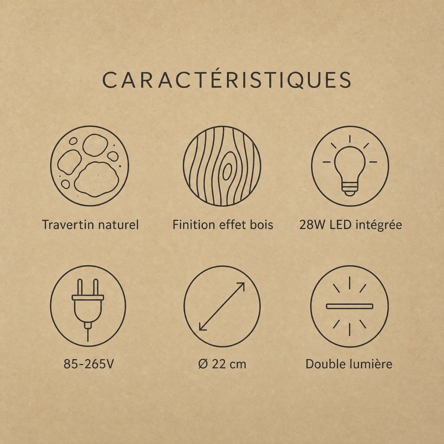 Caractéristiques du plafonnier travertin Térréa, travertin naturel et LED intégrée | Delvanie