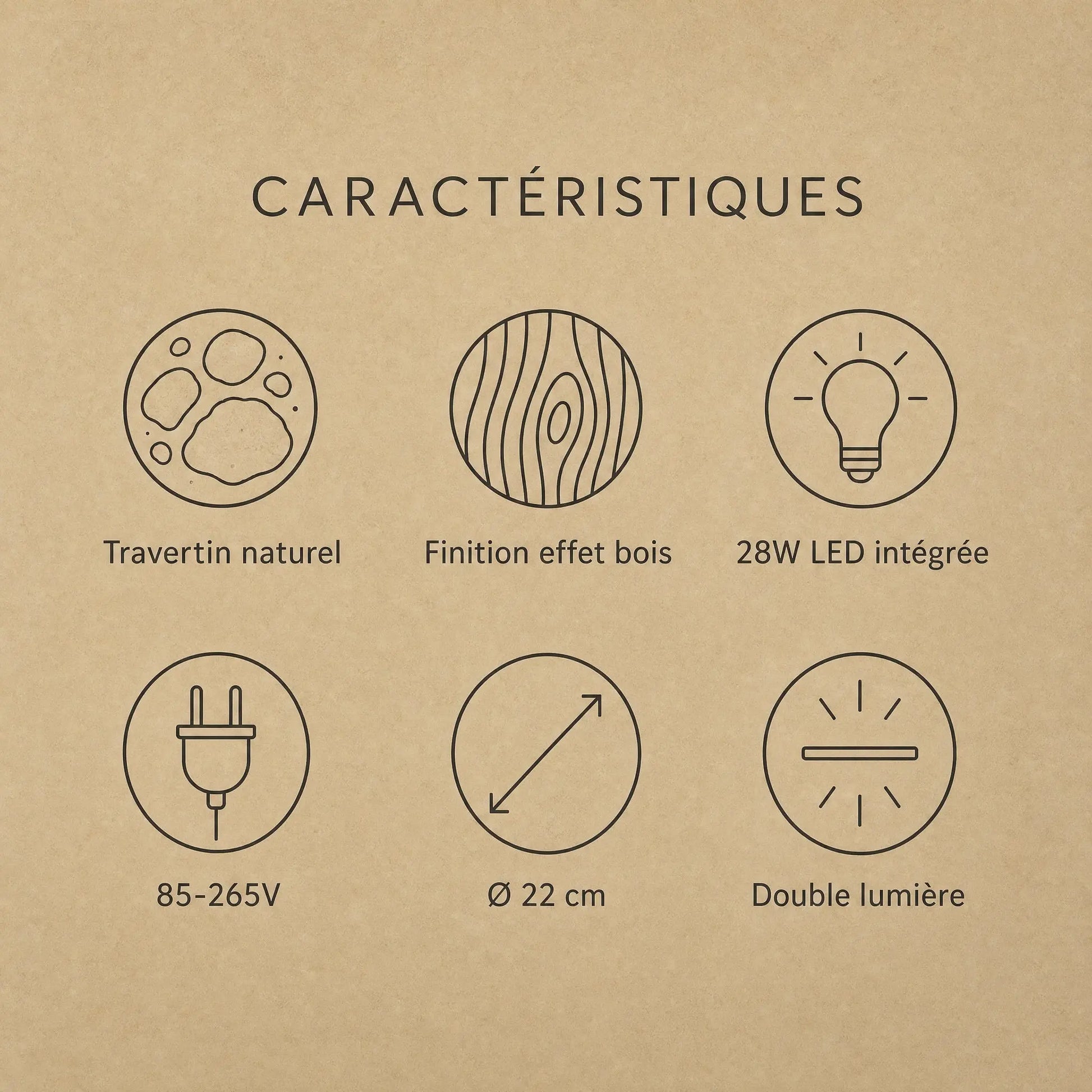 Caractéristiques du plafonnier travertin Térréa, travertin naturel et LED intégrée | Delvanie