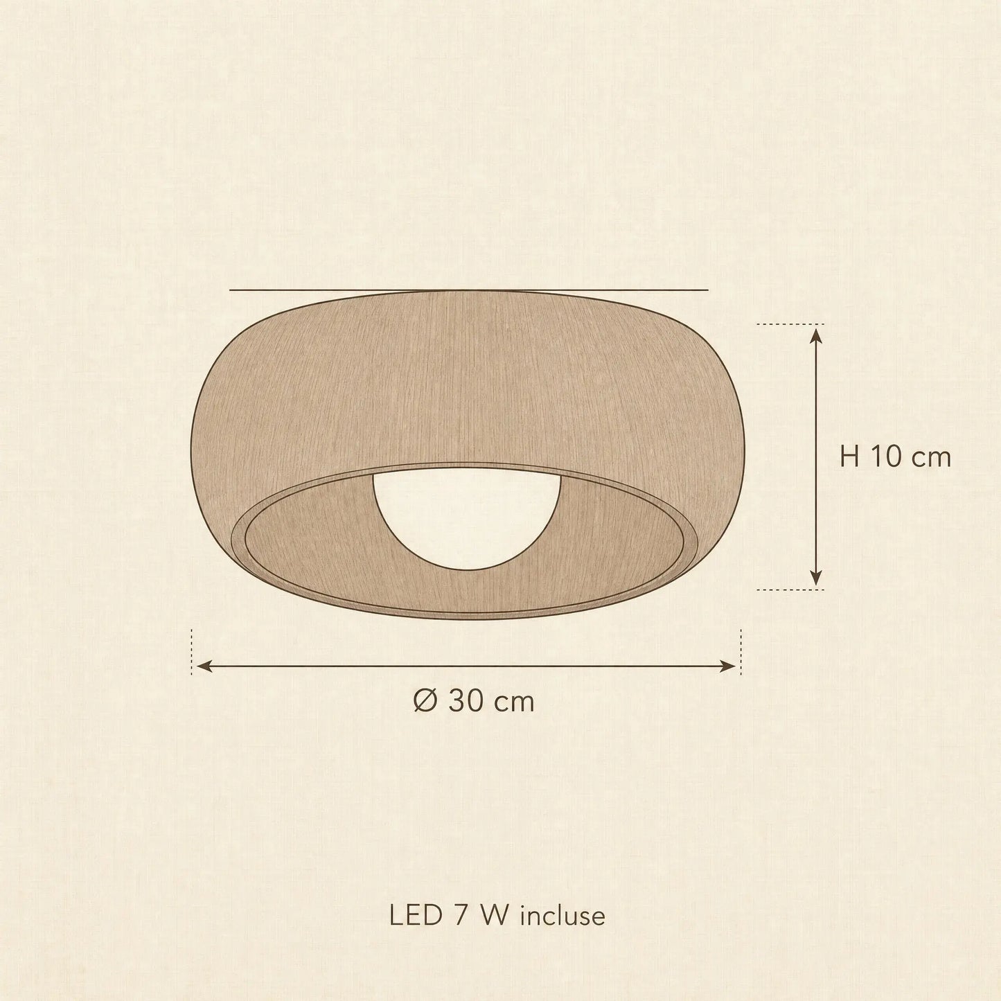 Schéma coté du plafonnier vintage Nocelya, Ø 30 cm, H 10 cm, LED 7 W incluse | Delvanie