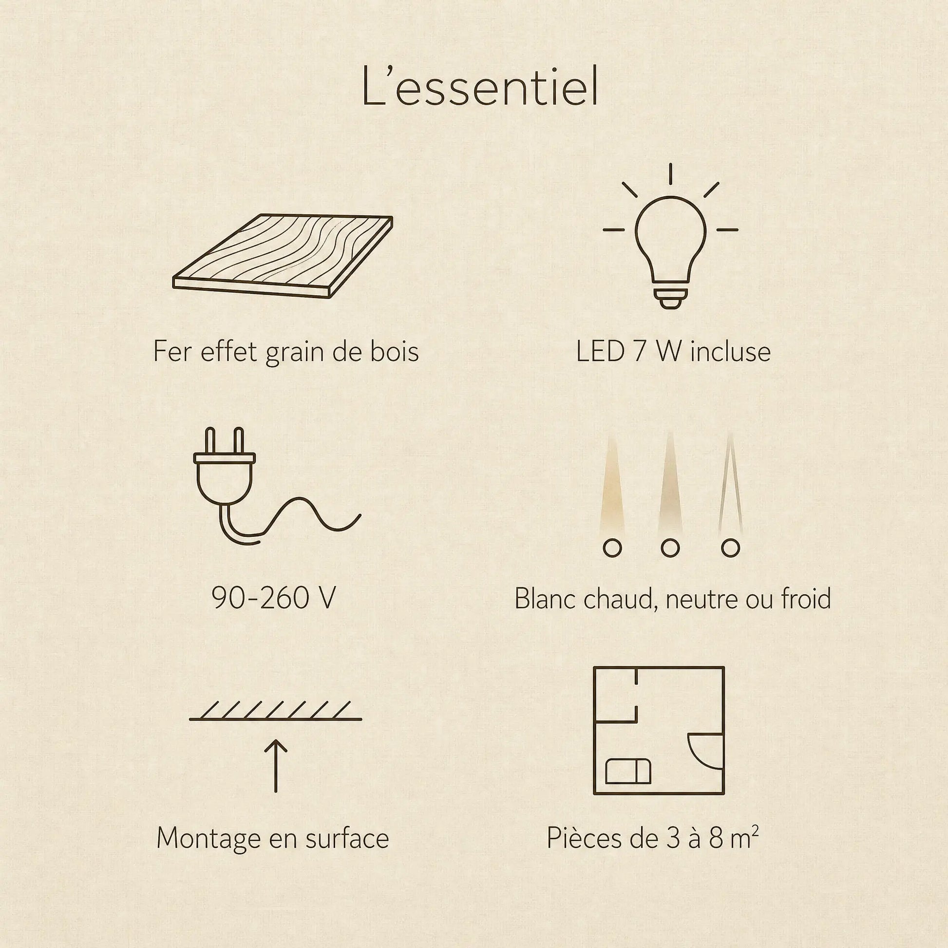 Caractéristiques du plafonnier vintage Nocelya : fer effet grain de bois, LED 7 W, 90-260 V | Delvanie