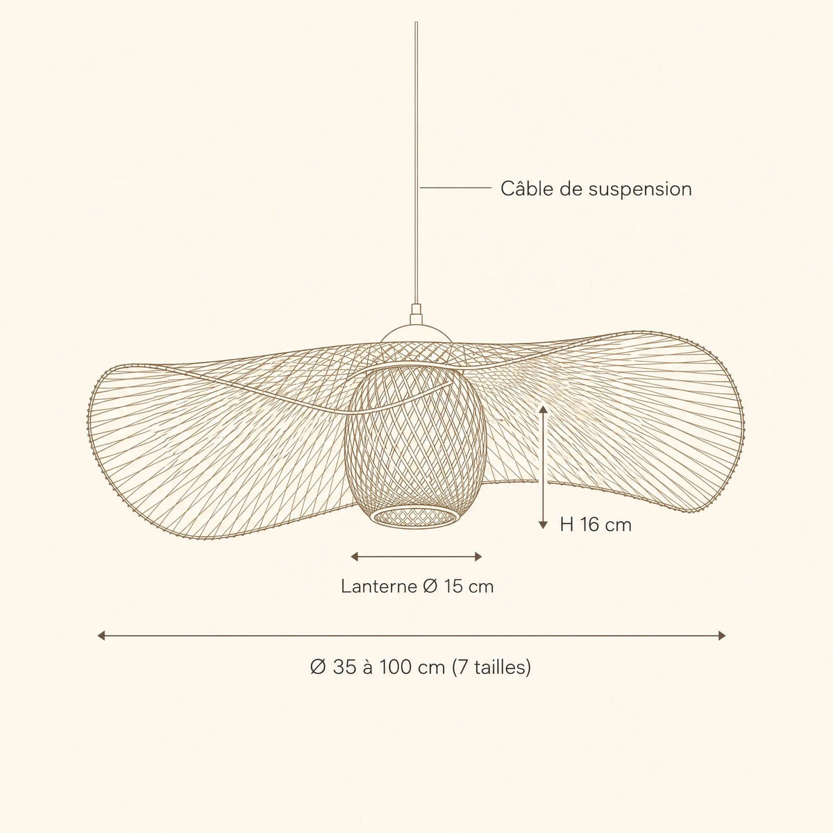 Schéma coté de la suspension bambou Takenya, Ø 35 à 100 cm, lanterne Ø 15 cm | Delvanie